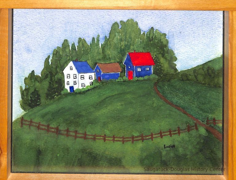          Watercolor painting of little houses on a hill
   