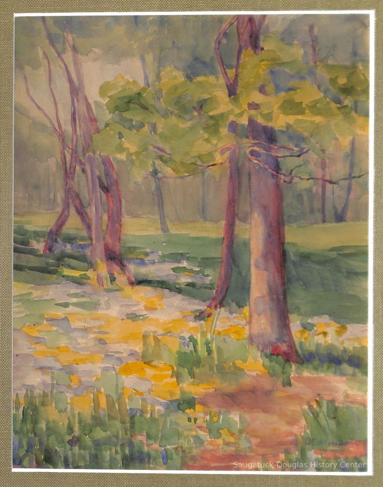          Watercolor painting of a wooded scene
   