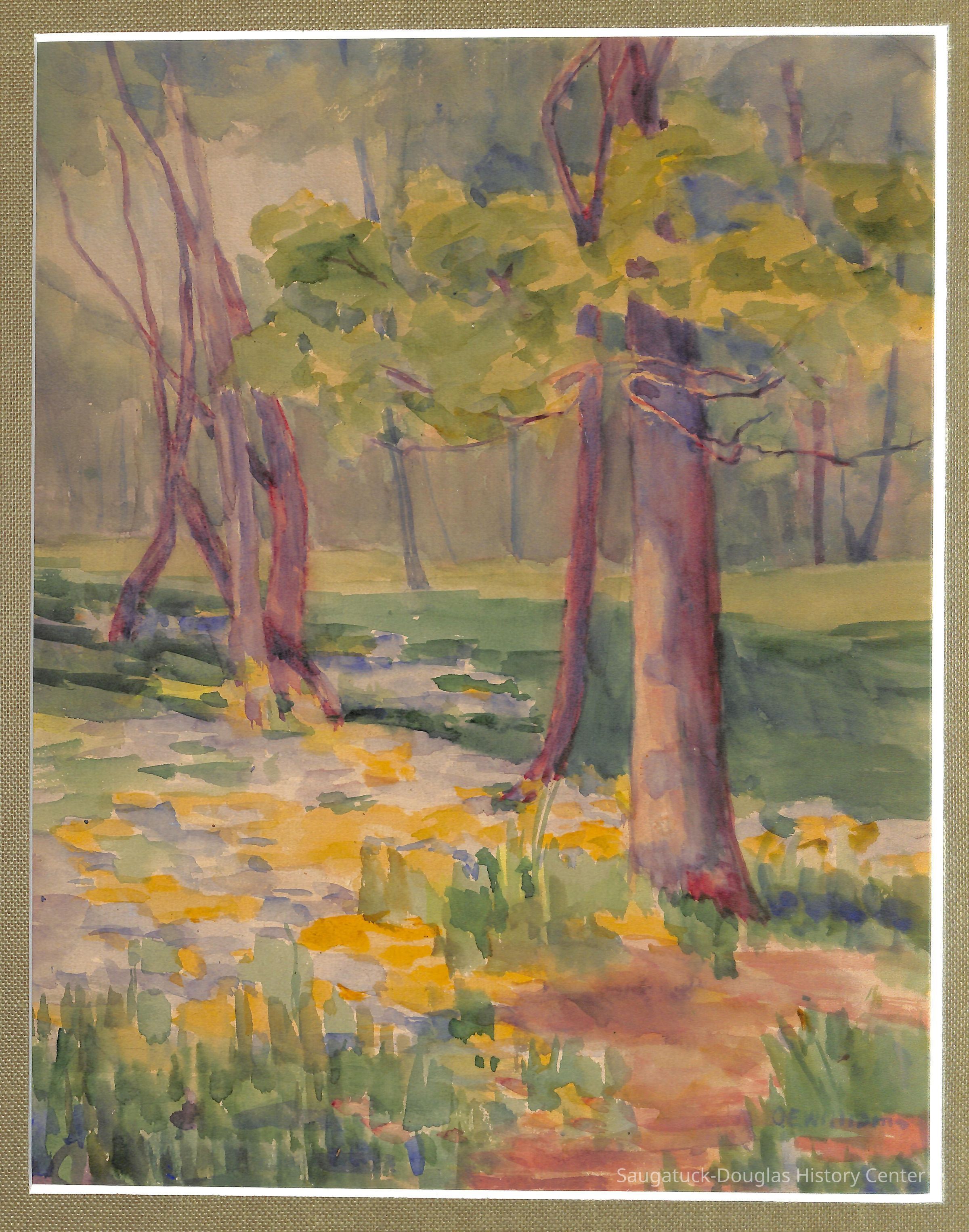 Watercolor painting of a wooded scene