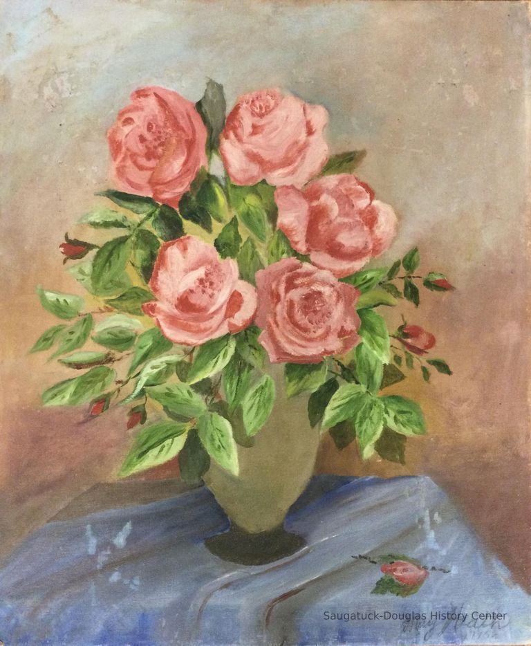          Oil painting of pink roses in a vase
   