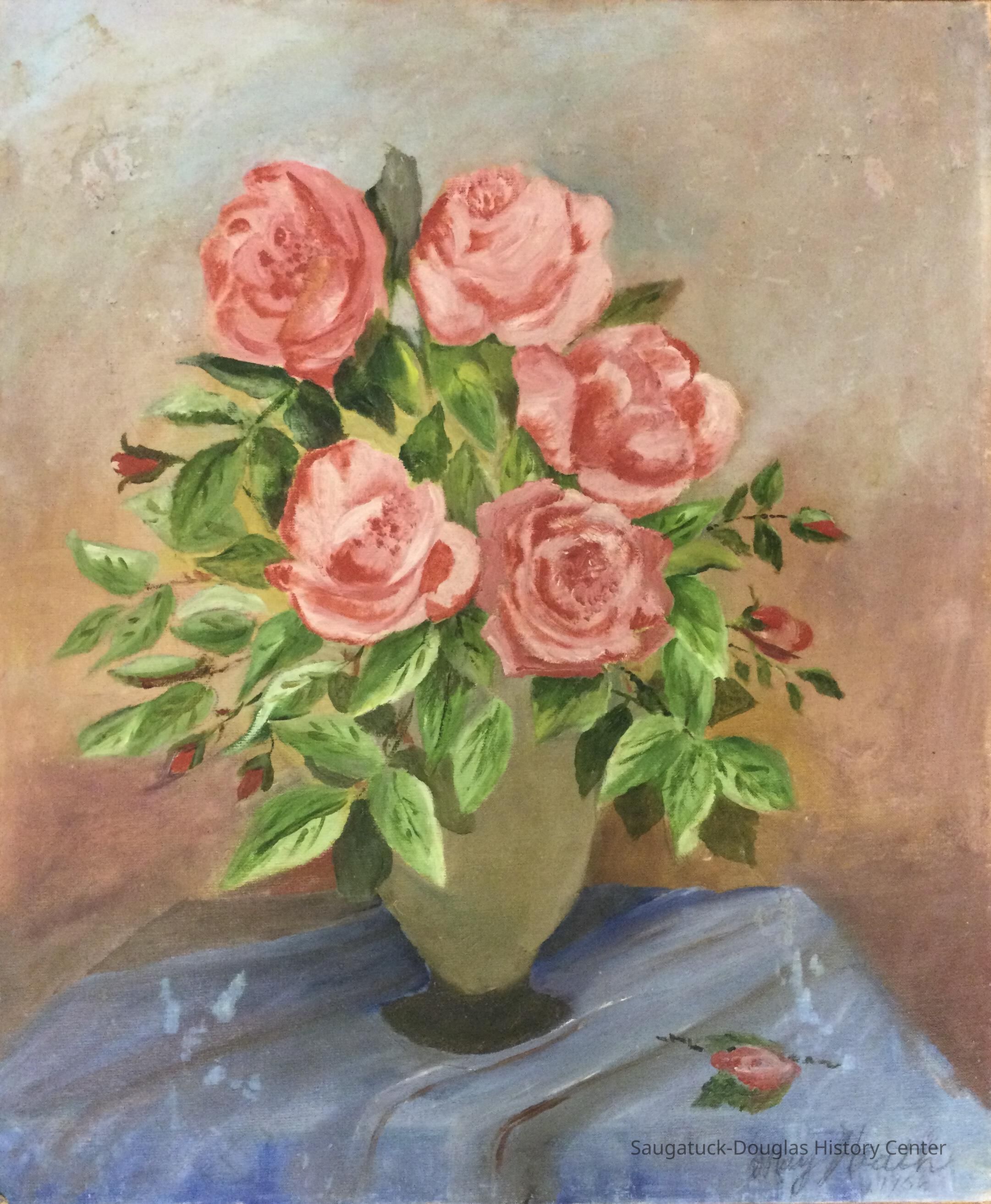 Oil painting of pink roses in a vase