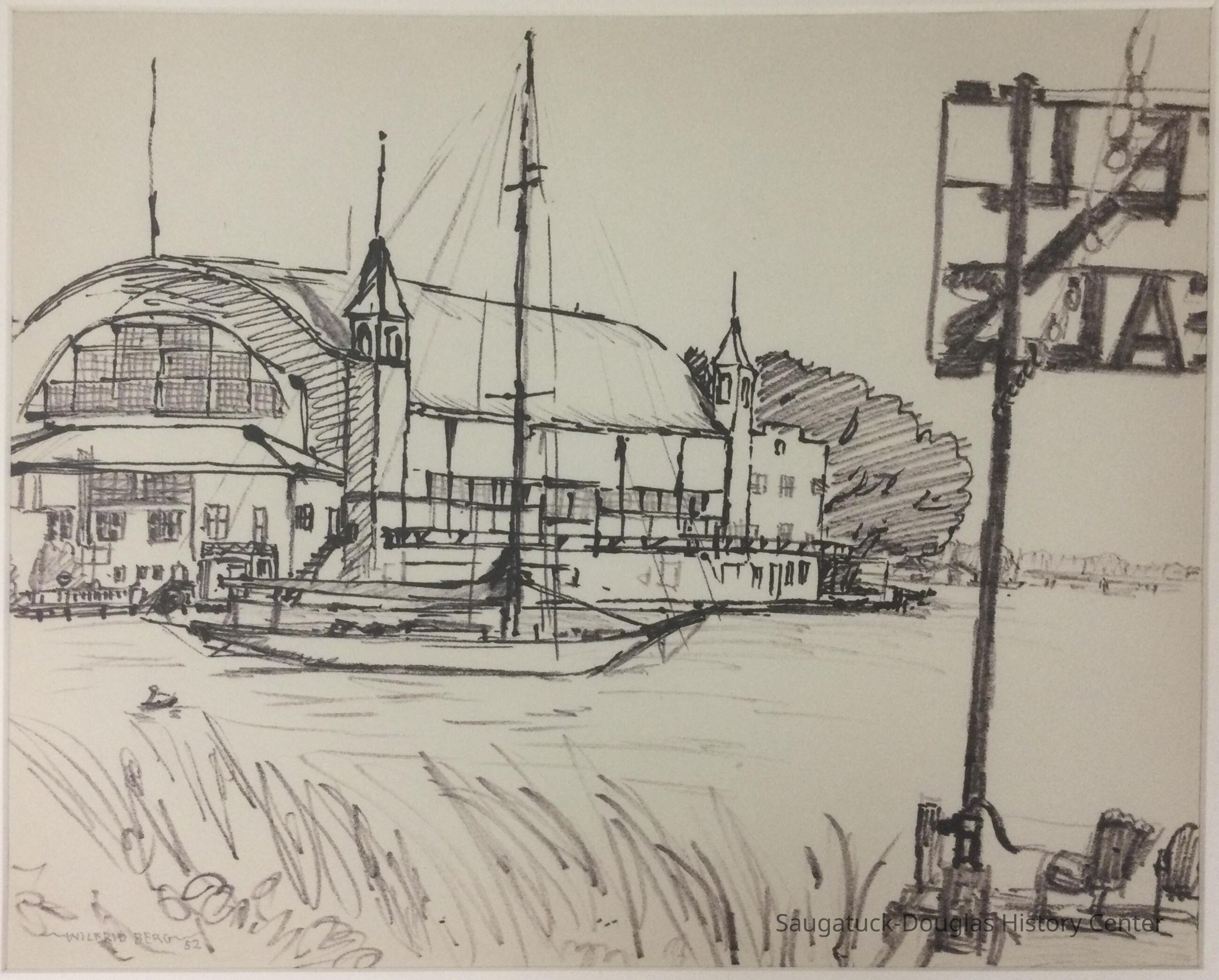 Drawing of the Big Pavilion from across the river