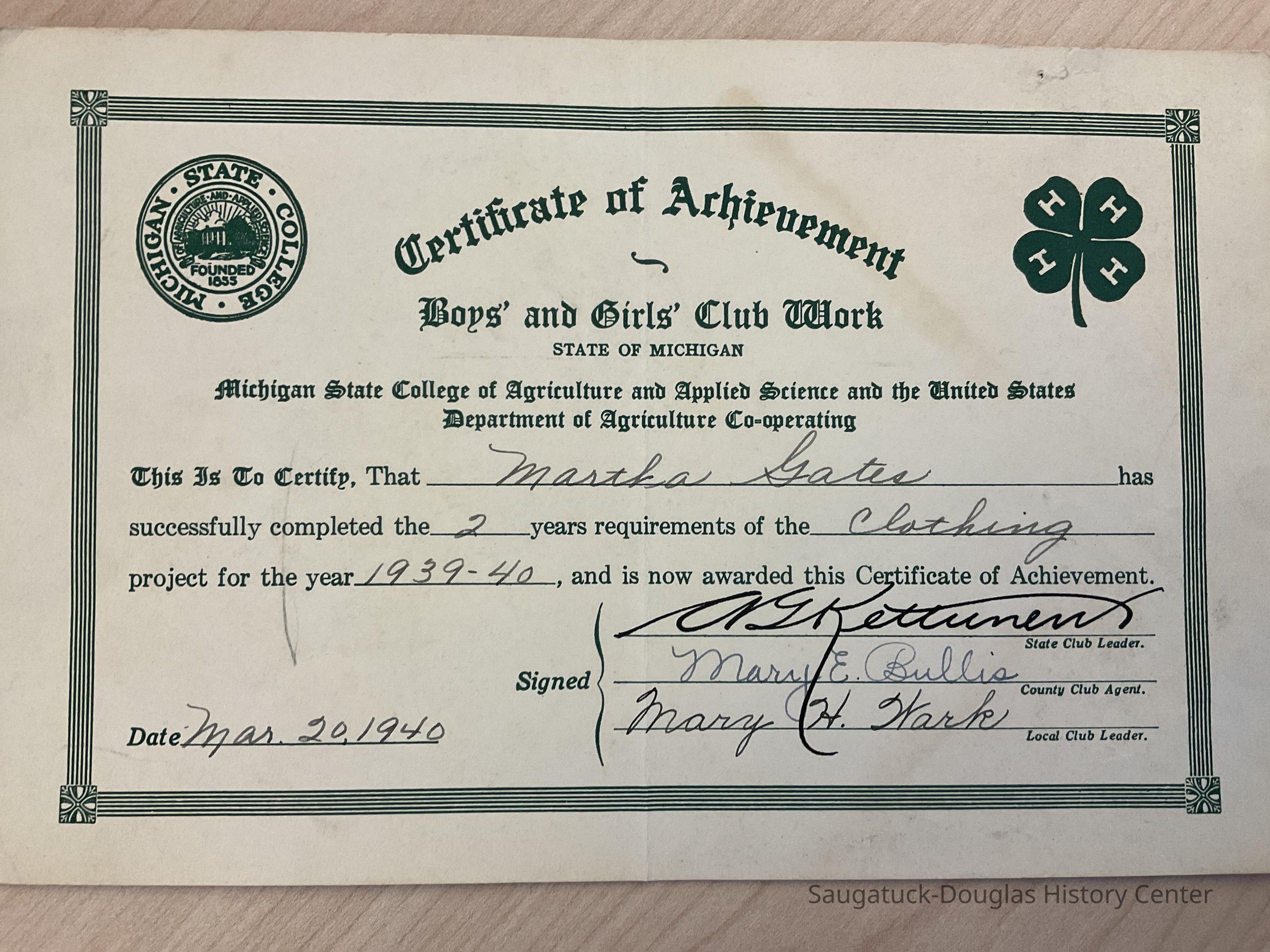          Certificate of Achievement for two years of clothing contruction picture number 1
   