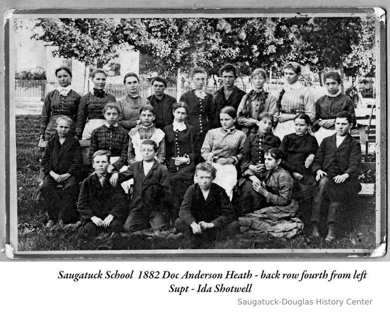          DocHeathClassPhoto1882.jpg 3.3MB retouched version.; Saugatuck School 1882 Doc Anderson Heath - back row fourth from left, Supt - Ida Shotwell
   