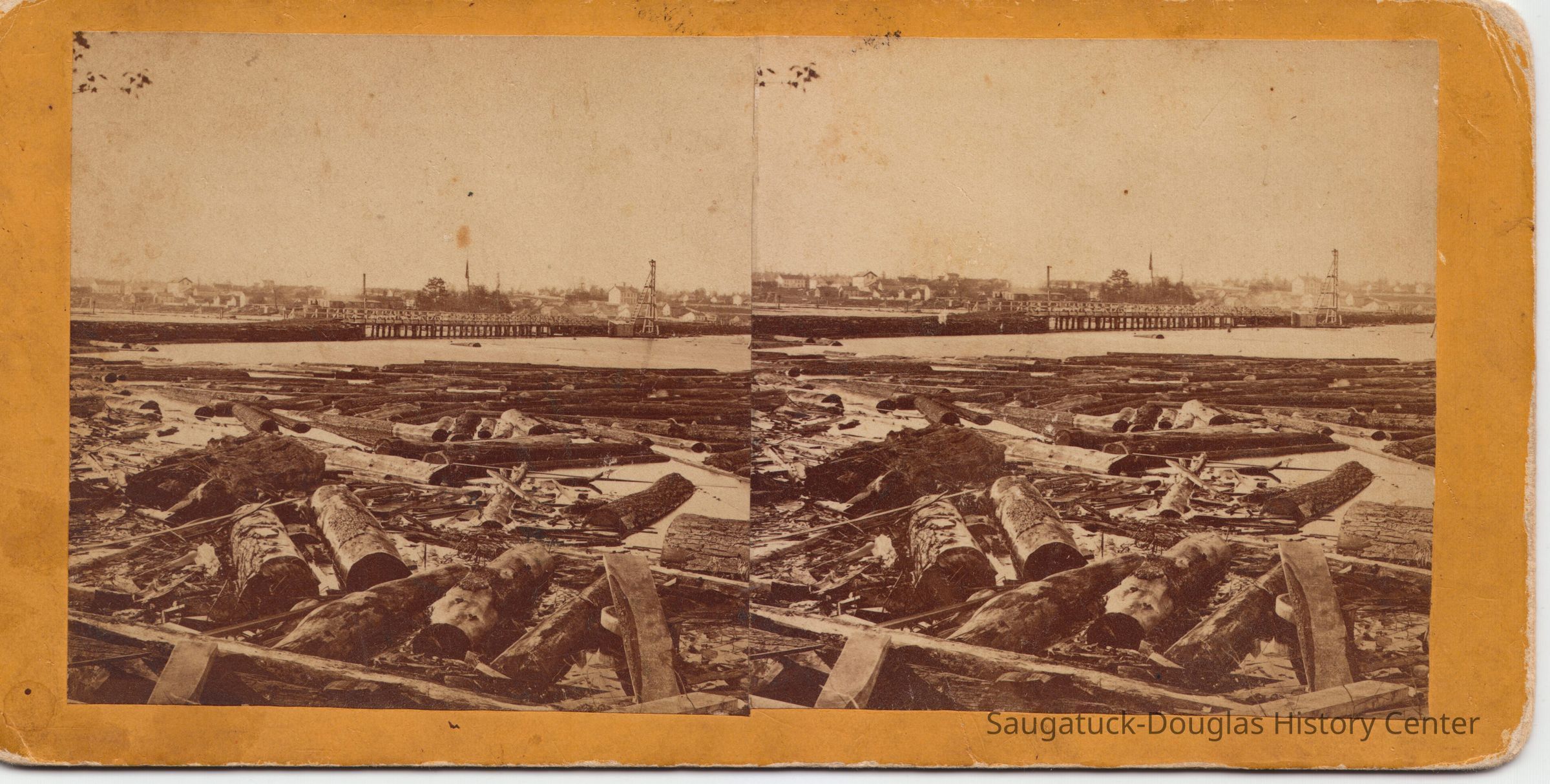 This photo ca 1871 shows such a raft of logs. In the background to the southeast is the new (and first) bridge to Douglas.; Bridge Douglas logs ca 1871.jpg - 8.7MB - Digital file from Jack Sheridan Drive 2021.72.02 stereographic image for stereoscope viewer