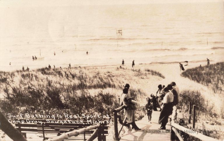 "Surf Bathing is Real Sport at Camp Gray, Saugatuck, Mich.". https://quod.lib.umich.edu/t/tinder/x-1474/tinder-rppc-002947. In the digital collection David V. Tinder Collection of Michigan Photography. William L. Clements Library, University of Michigan Library Digital Collections. January 31, 2026.