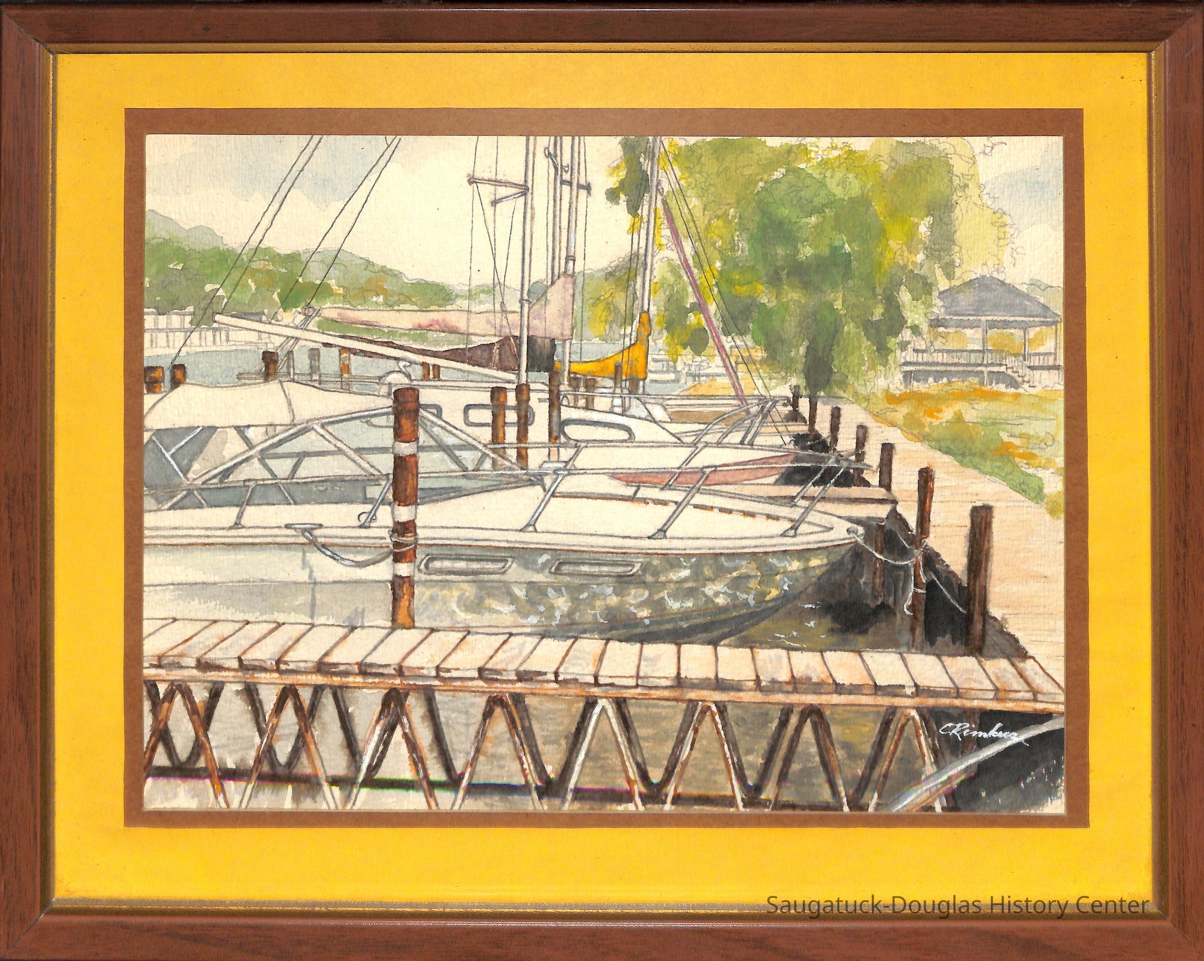 Watercolor of docked boats at Wickes park