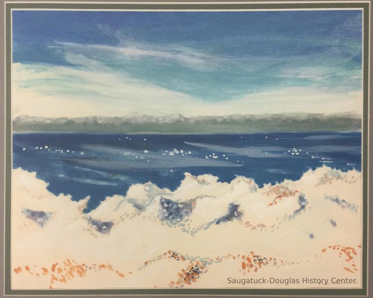          Watercolor of dunes and Lake Michigan
   