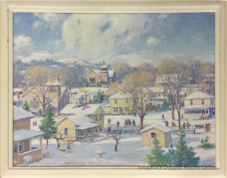          Oil painting of a winter scene in Saugatuck
   