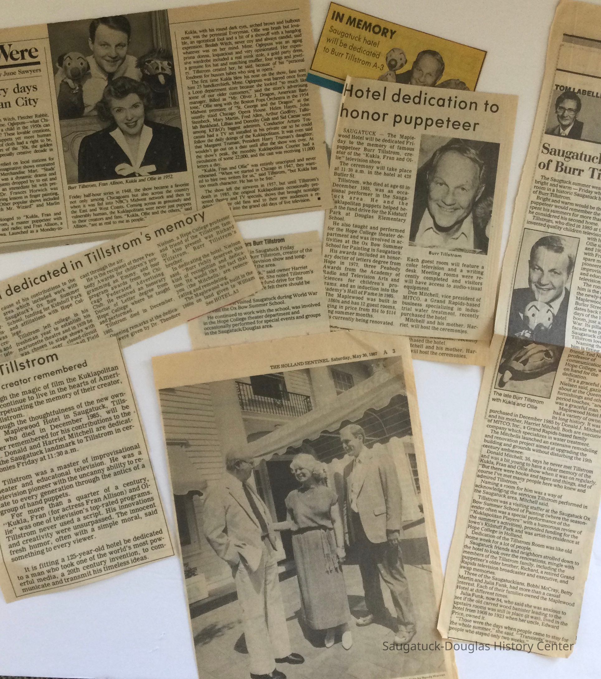 Newspaper clippings dedication of Maplewood Hotel Dining Room in honor of Burr Tillstrom; A collection of local newspaper clippings regarding Maplewood Dining Room dedication to Burr Tillstrom August 7, 1988