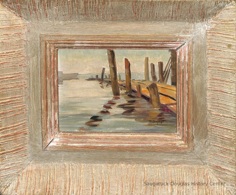          Small oil painting in custom frame of docks in Saugatuck
   