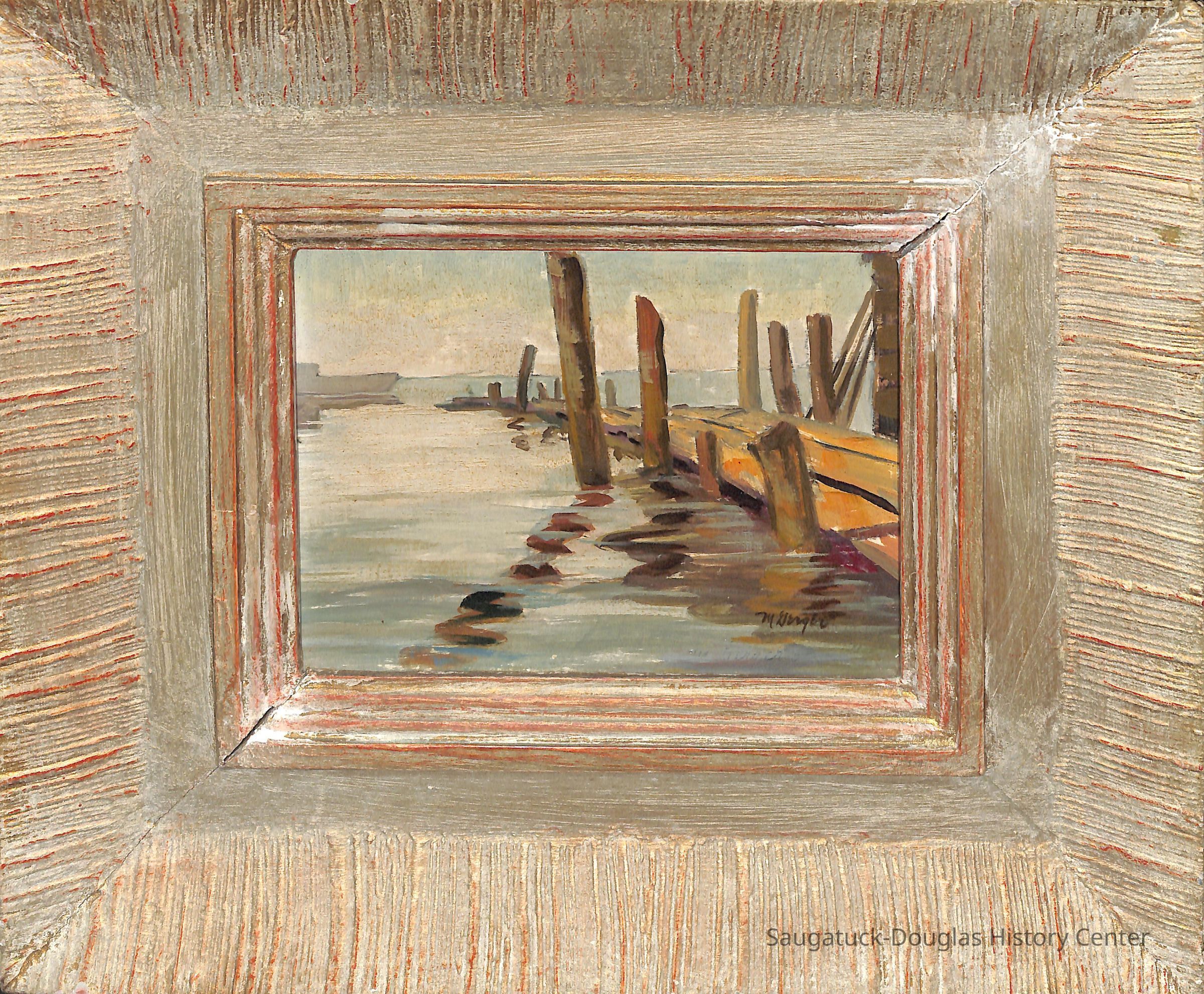 Small oil painting in custom frame of docks in Saugatuck