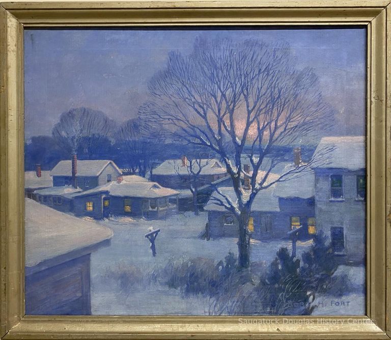          Oil painting of a winter scene in Saugatuck
   