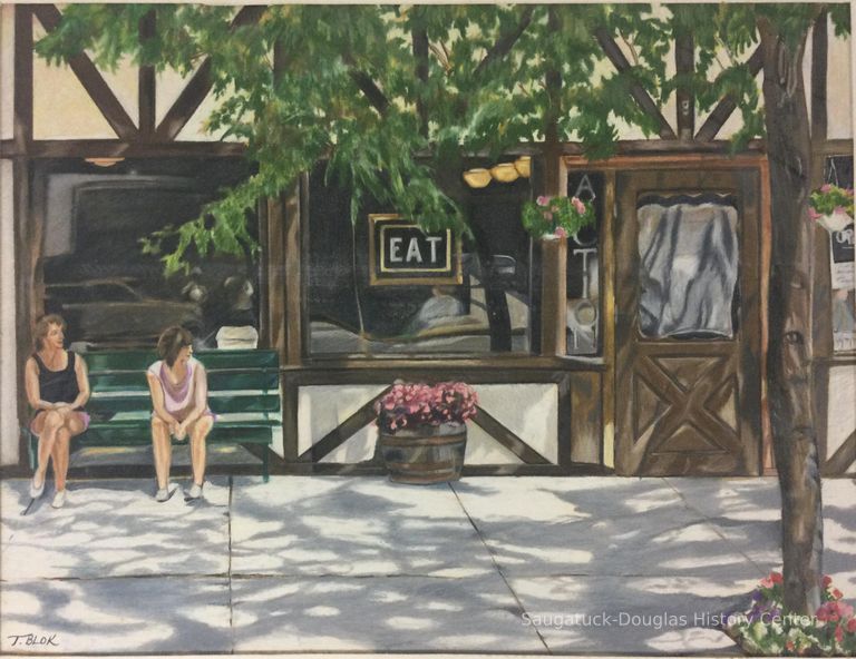          A painting of two women sitting in front of the Auction House Restaurant
   