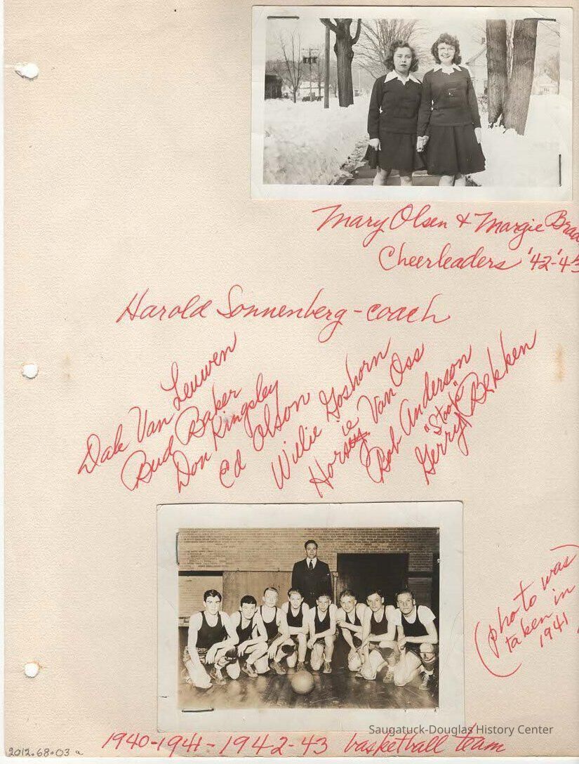          Saugatuck Cheerleaders 1942-43; Team included coach Harold Sonnenberg, Dale Van Leuwen, Bud Baker, Don Kingsley, Ed Olson, Wilie Goshorn, Horsie Van Oss, Bob Anderson, Gerry 
