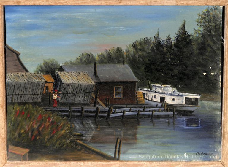          Oil painting of a scene at the docks
   
