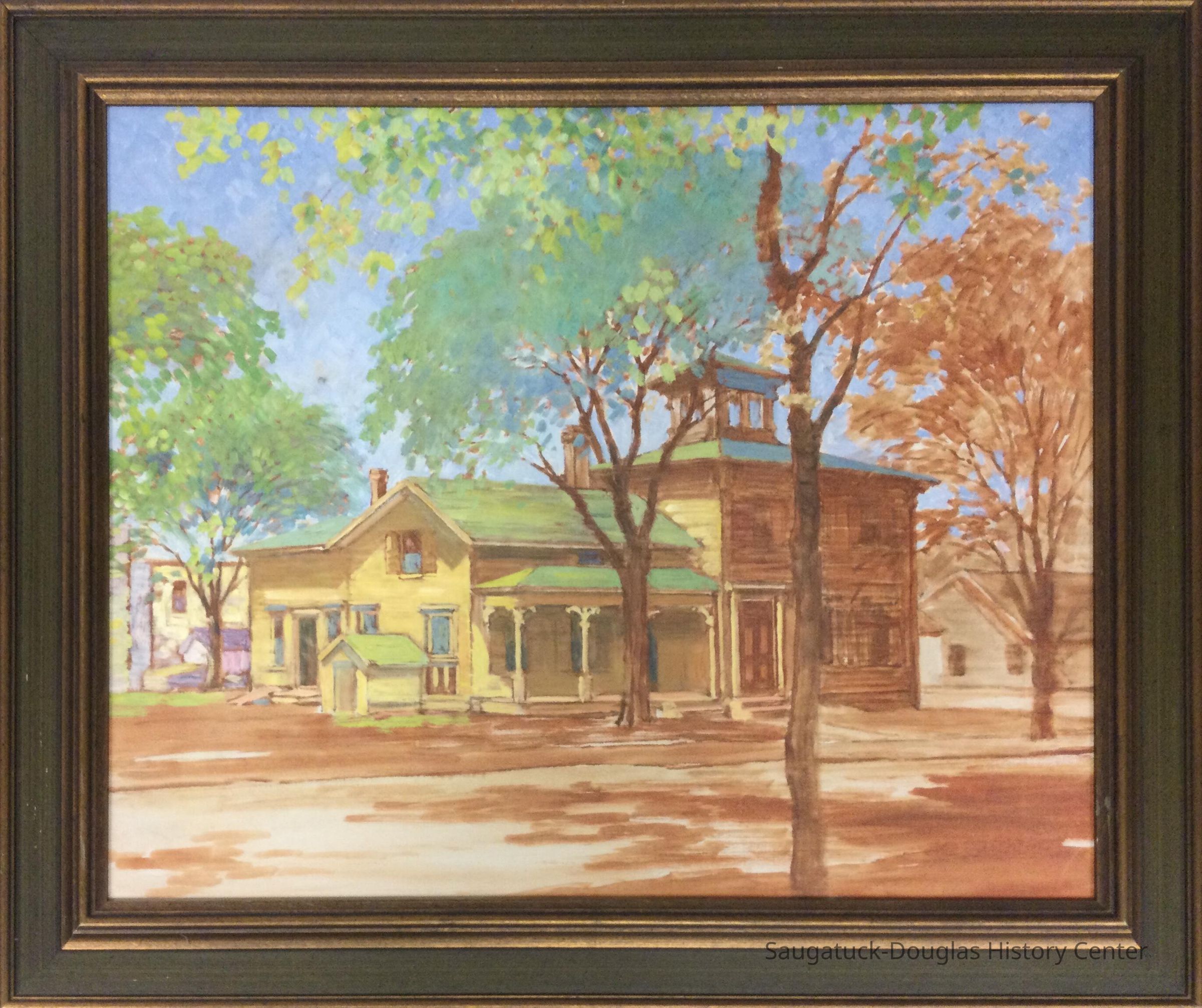 Oil painting of a large yellow house