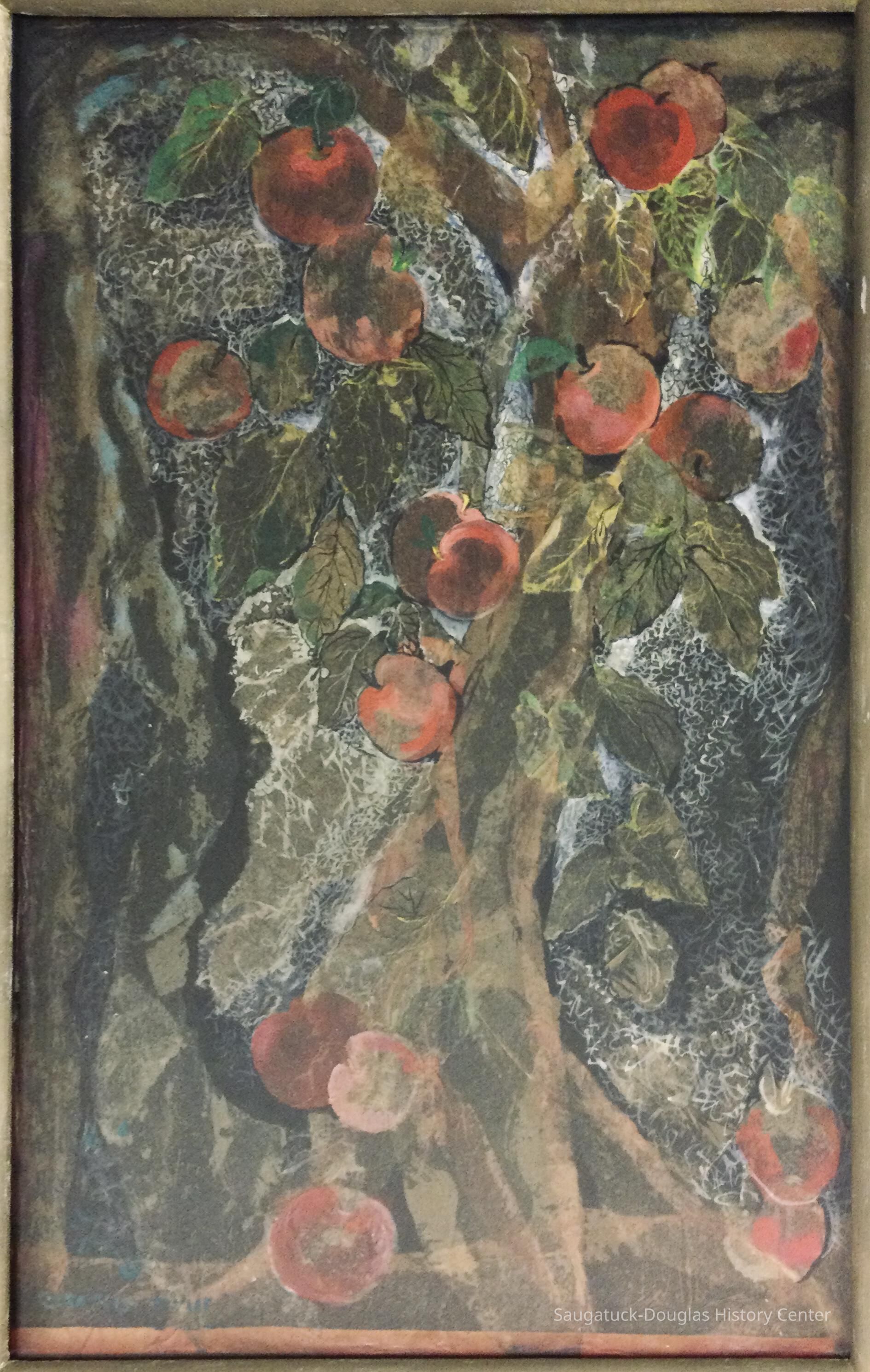Textured collage depicting an apple tree by Cora Bliss Taylor