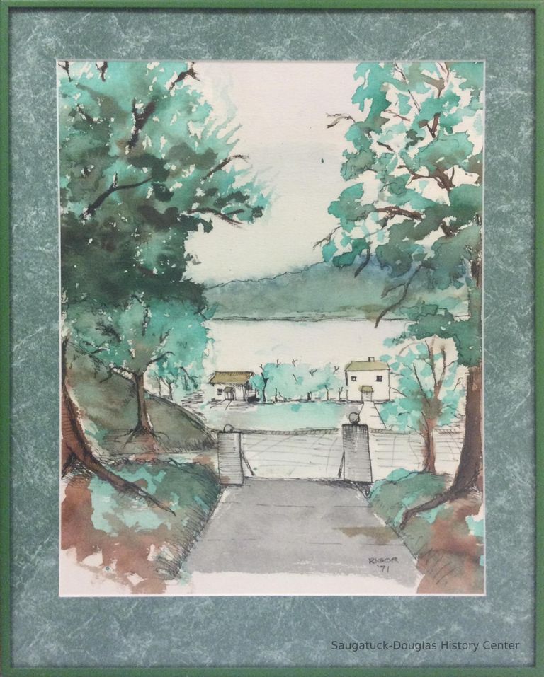          Watercolor painting of a view looking down a stairway toward Lake Kalamazoo
   