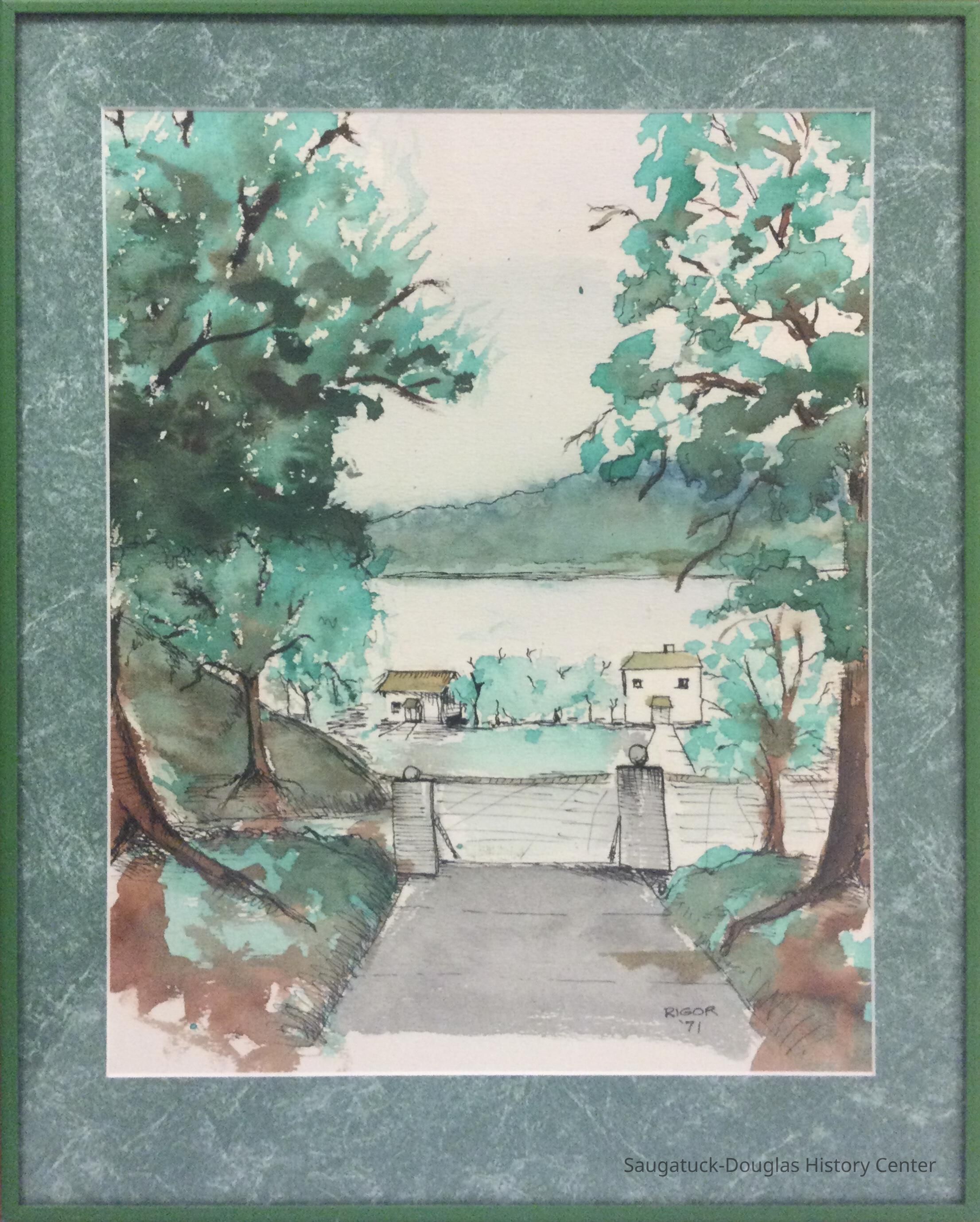 Watercolor painting of a view looking down a stairway toward Lake Kalamazoo