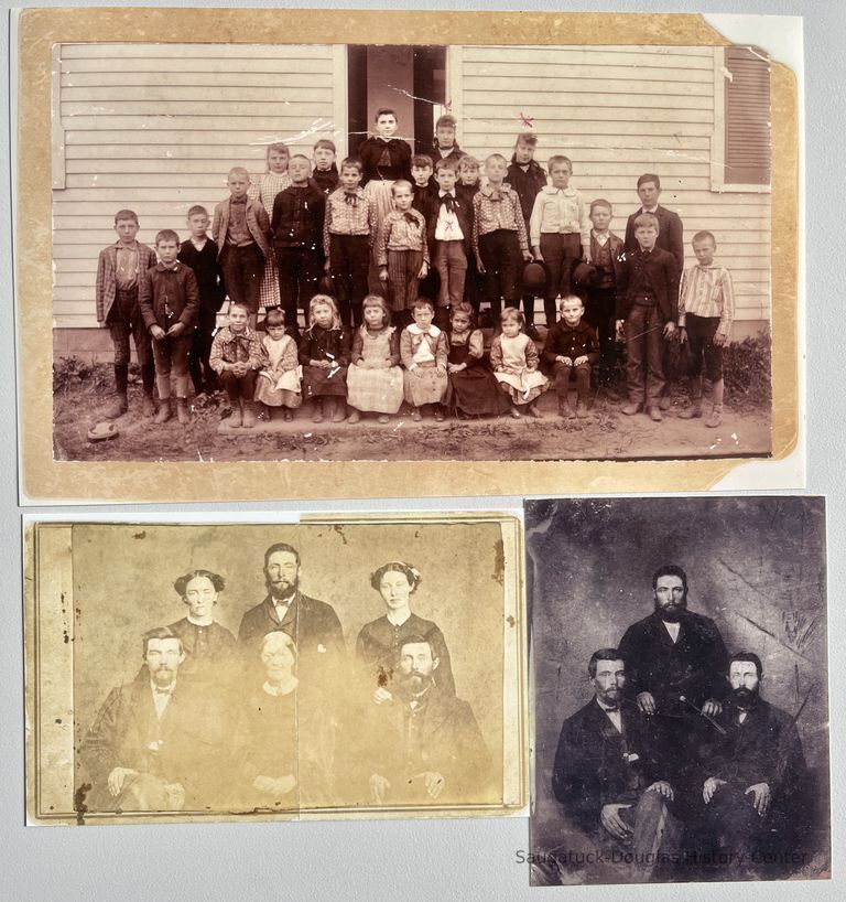          Trio of modern photographic reproductions of historic photos: 
On the back of the school children photo is the notation 