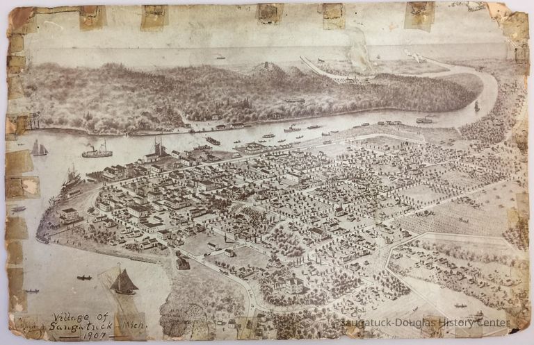Bird's-eye drawing Saugatuck 1907