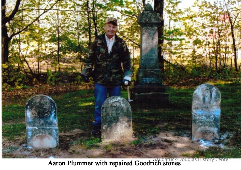          Aaron.jpg 300KB; Her stone there, like her husband's in New York, lies broken, but thanks to the efforts of descendants Ron Lee of Bella Vista, Arkansas and Aaron Plummer of Ganges, is soon to be repaired. Aaron has already been working on the Goodrich stones in Loomis, see photograph.
   