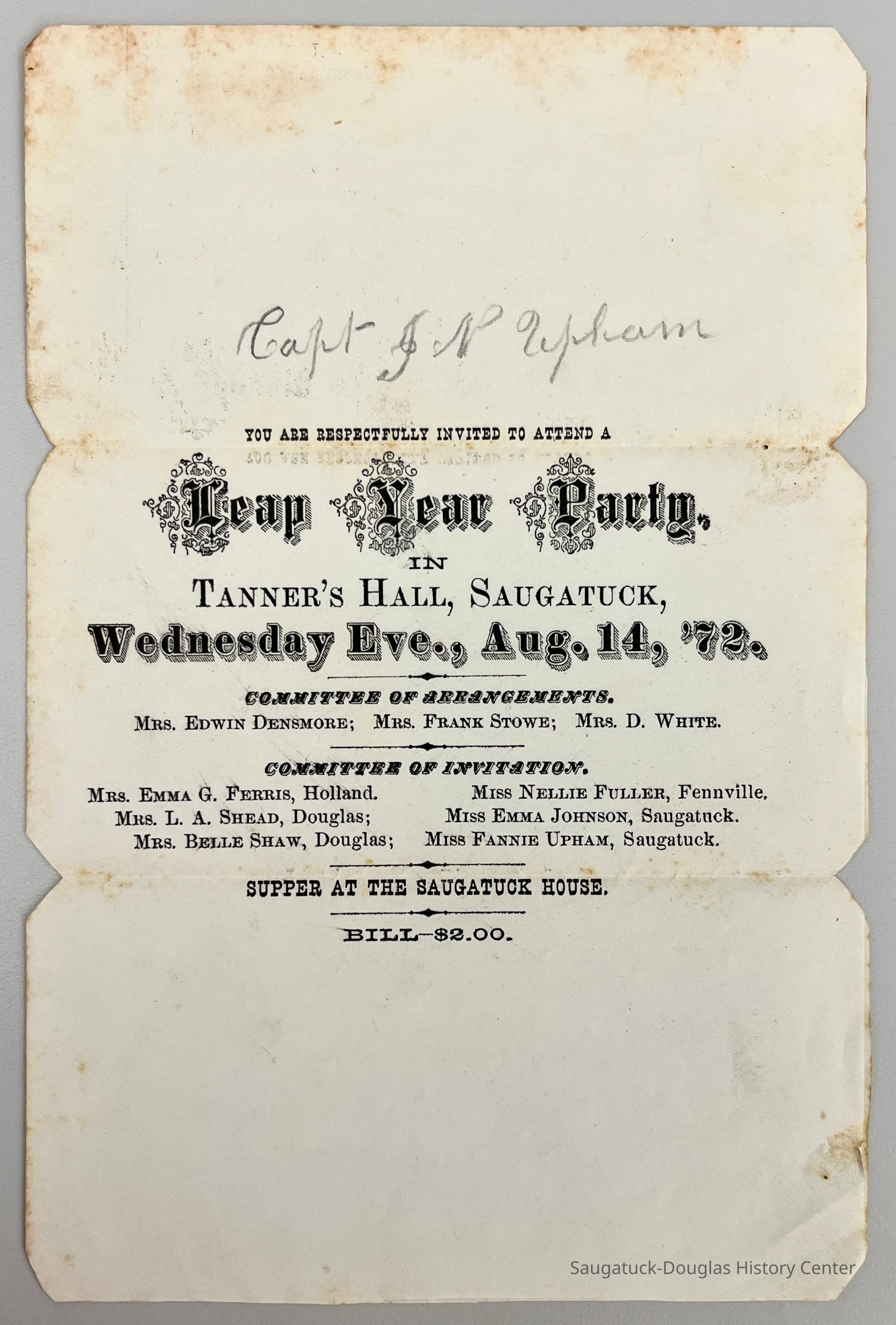 COMMITTEE OF ARRANGEMENTS.
MRS. EDWIN DENSMORE; MRS. FRANK STOWE; MRS. D. WHITE.
COMMITTEE OF INVITATION.
Mrs. EMMA G. FERRIS
Miss NELLIE FULLER
Mrs. L. A. SHEAD
Miss EMMA JOHNSON
Mrs. BELLE SHAW
MIss FANNIE UPHAM