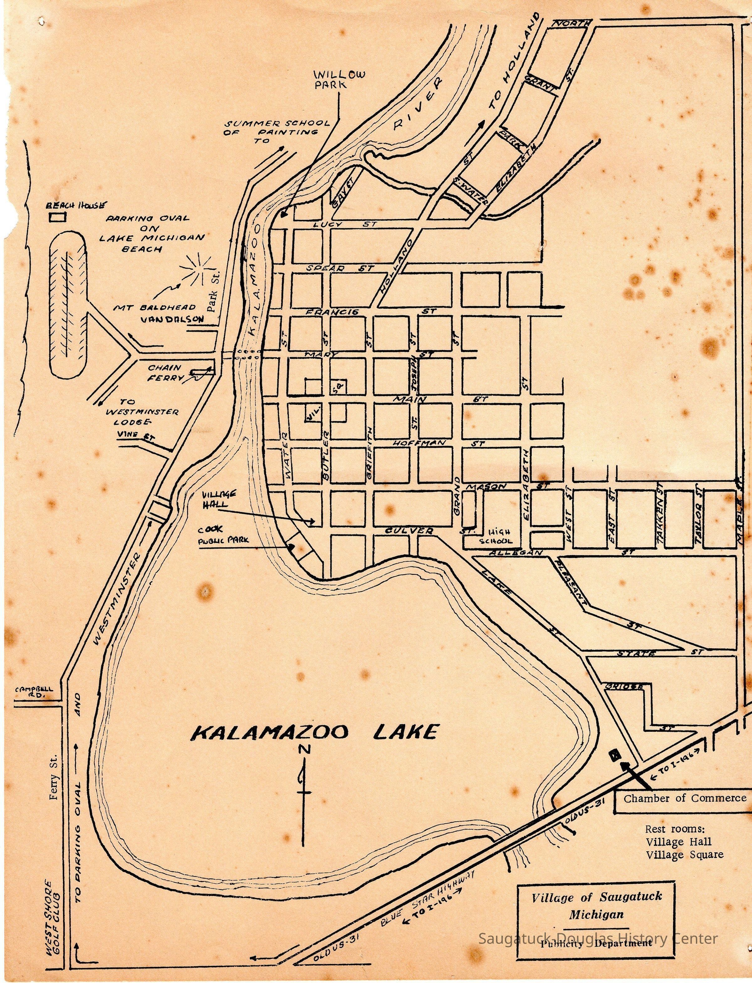          SaugatuckMapPubDept001.jpg 2.4MB; 1. Publicity department area map that shows location of Chamber of Commerce office on Lake Street; Bridge Street on the north side of the new Blue Star Highway with 