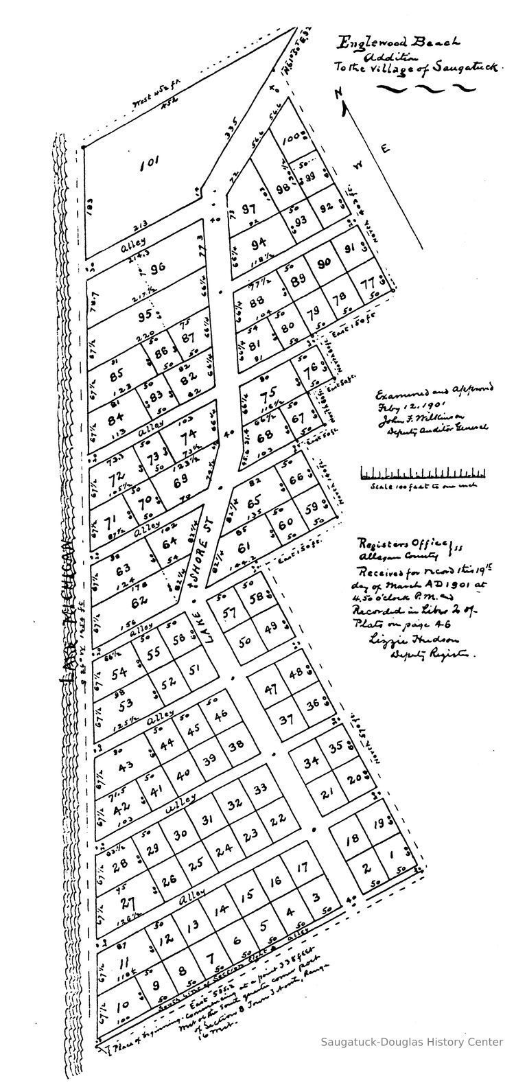          281LB; Questions of population density are nothing new in the Saugatuck area. Joyce Inch sends this map of the Englewood Beach subdivision that was received in 1901 by the Allegan County Registrar of deeds. It shows 101 building lots on the lakeshore just north of Campbell Road.

Fortunately the entire plat was abandoned the next year and the strip of lakeshore became Shorewood and Hemlock Terrace subdivisions with far fewer lots.

The only thing left of this map is the crook in the road that is here labeled 