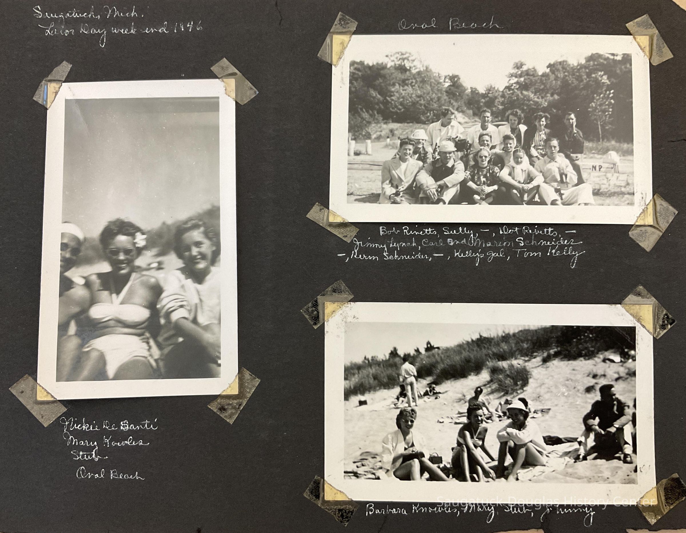 1.) Nickie De Santa, Mary Knowles, Stub, Oval Beach
2.) Bob Rivetts, Sully, —, Dot Rivetts, —, Jimmy Lynch, Carl and Marion Schneider, —, Herm (?) Schneider, —, Kelly’s gal, Tom Kelly
3.) Barbara Knowles, Mary, Stub, Johnny