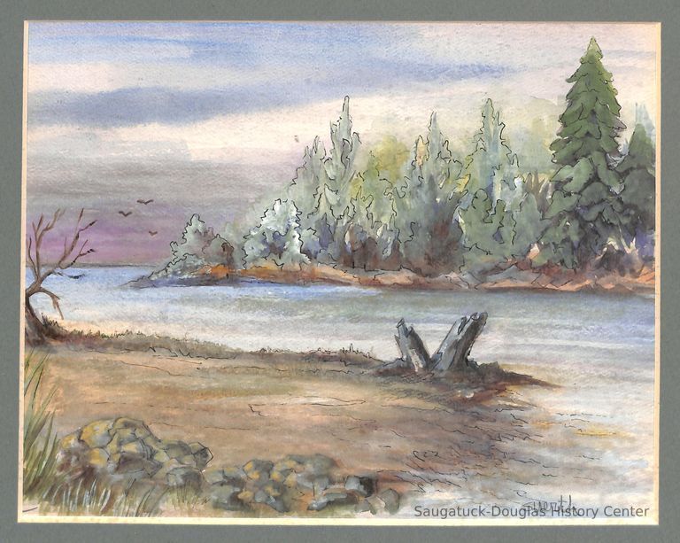          Watercolor of a river extending out to the horizon.
   