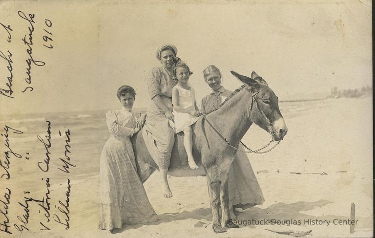          MF-SA-0034 MorrisFamilyDynamite.JPG 1MB; 1910 Hilda Sterzing?, Gladys, Victoria Carlson, Lillian Morris Beach at Saugatuck 1910, original likely in Freshe-Morris
   