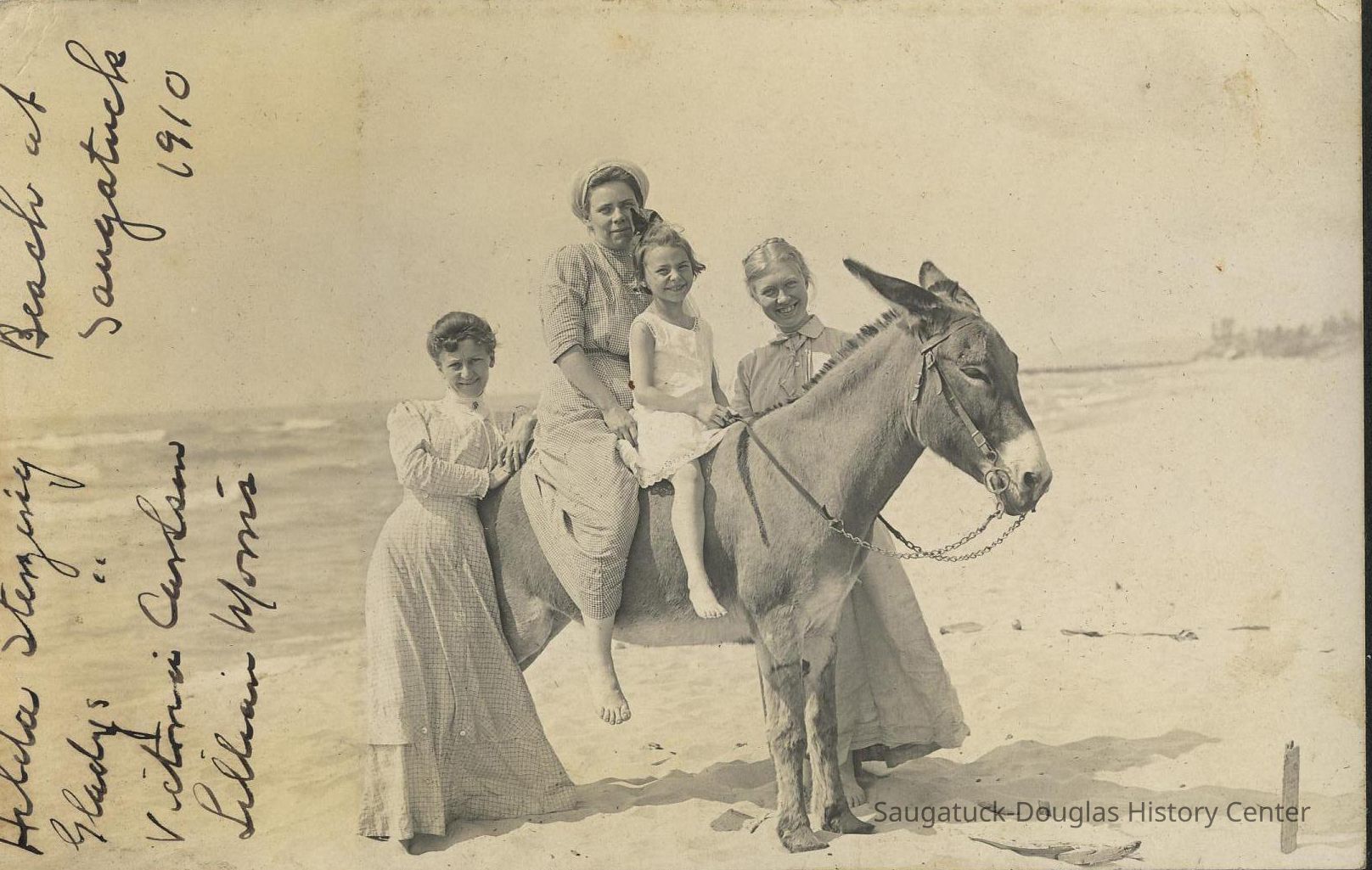 MF-SA-0034 MorrisFamilyDynamite.JPG 1MB; 1910 Hilda Sterzing?, Gladys, Victoria Carlson, Lillian Morris Beach at Saugatuck 1910, original likely in Freshe-Morris