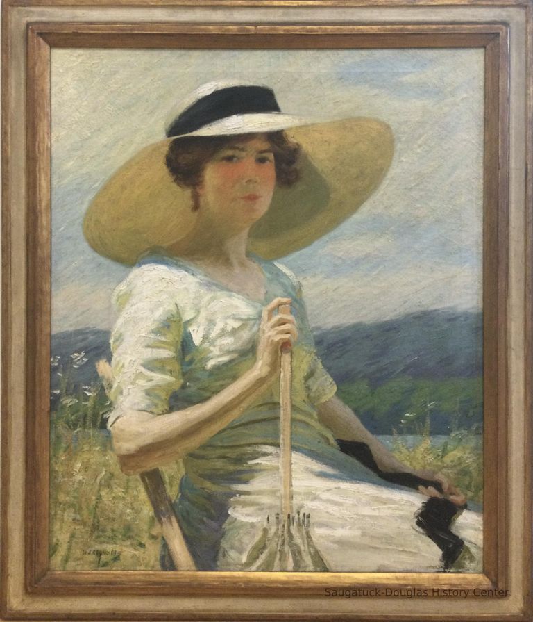          Oil painting of Florence Hunn outside on a sunny day with a sun hat and parasol
   