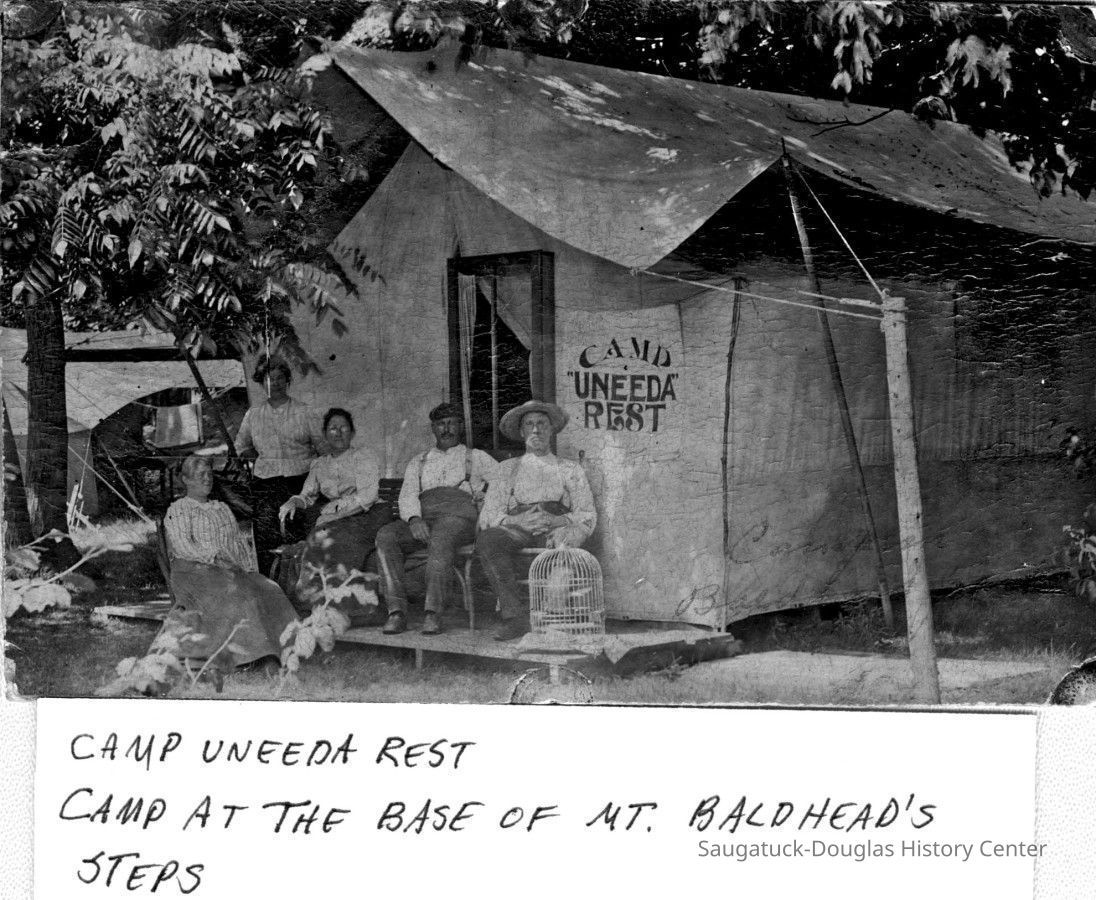          89-1-41_A_Camp_Uneeda_Rest.jpg 279KB; Platform tent campers and their bird in a cage
   