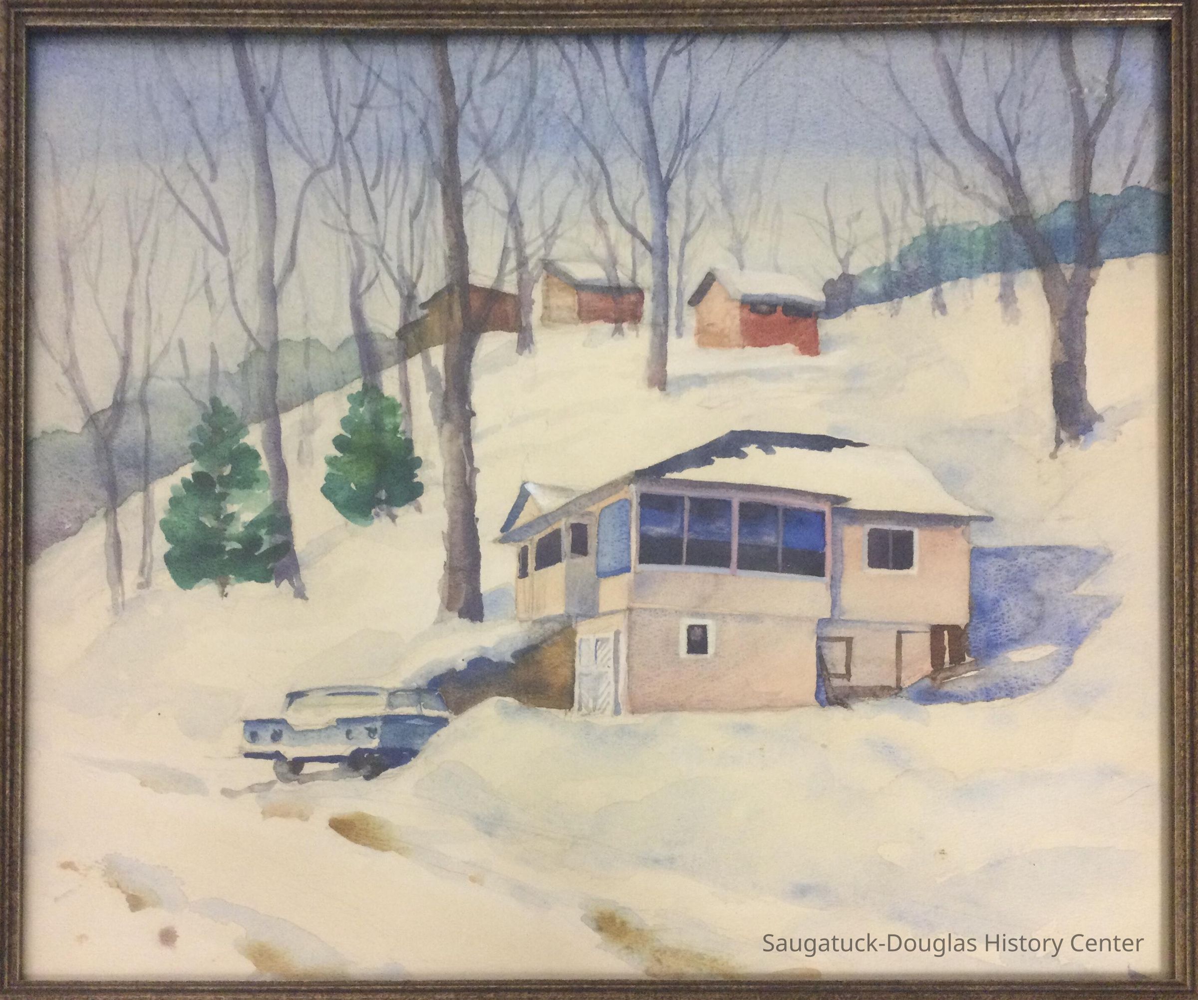 Watercolor painting of a house on a hill
