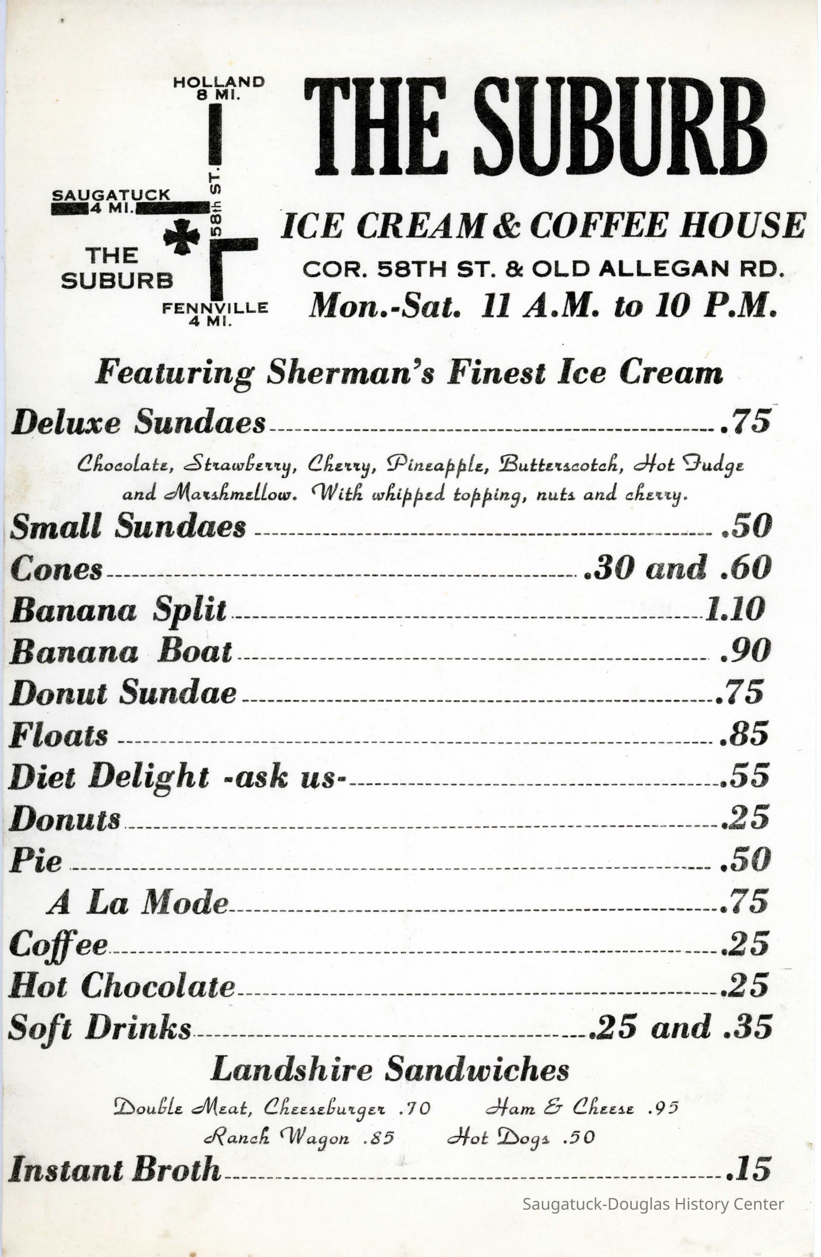 The Suburb Ice Cream & Coffee House Menu