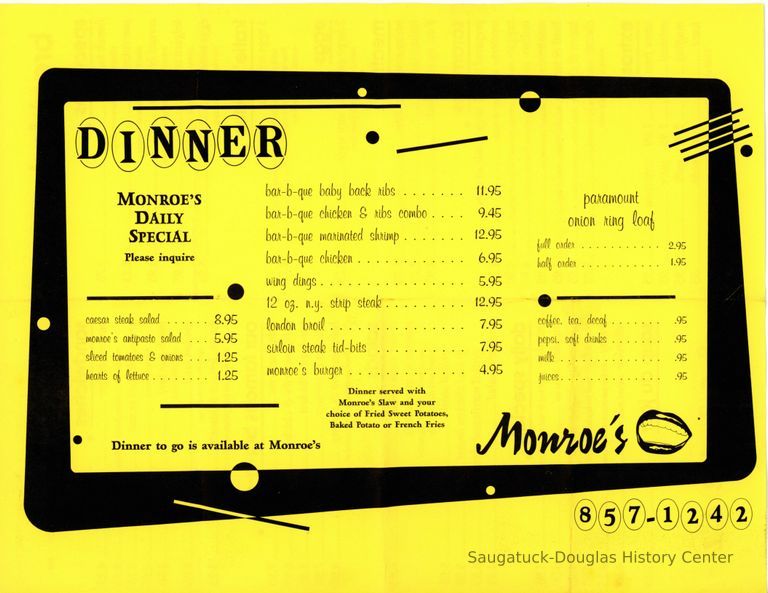          Monroe's Restaurant Menu
   