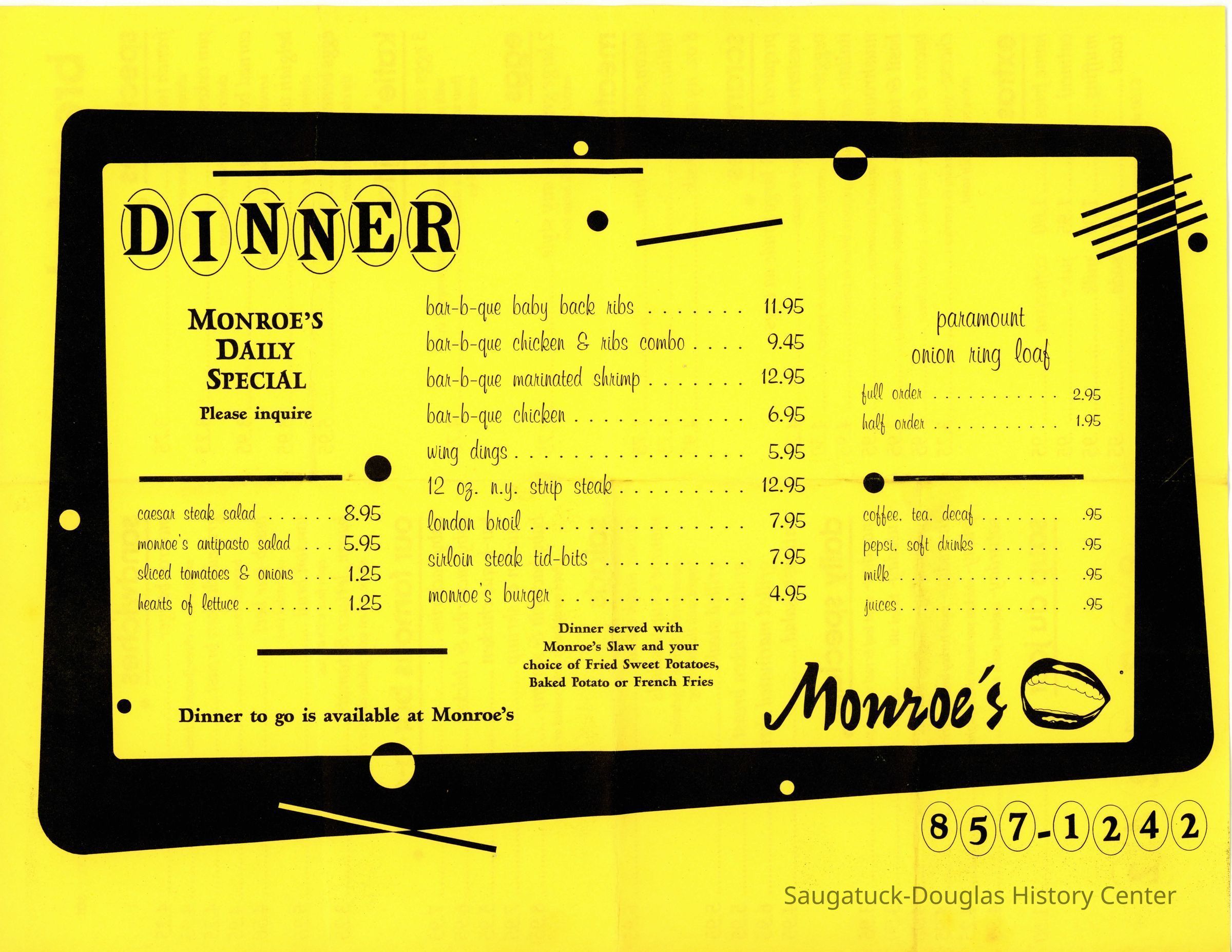          Monroe's Restaurant Menu
   