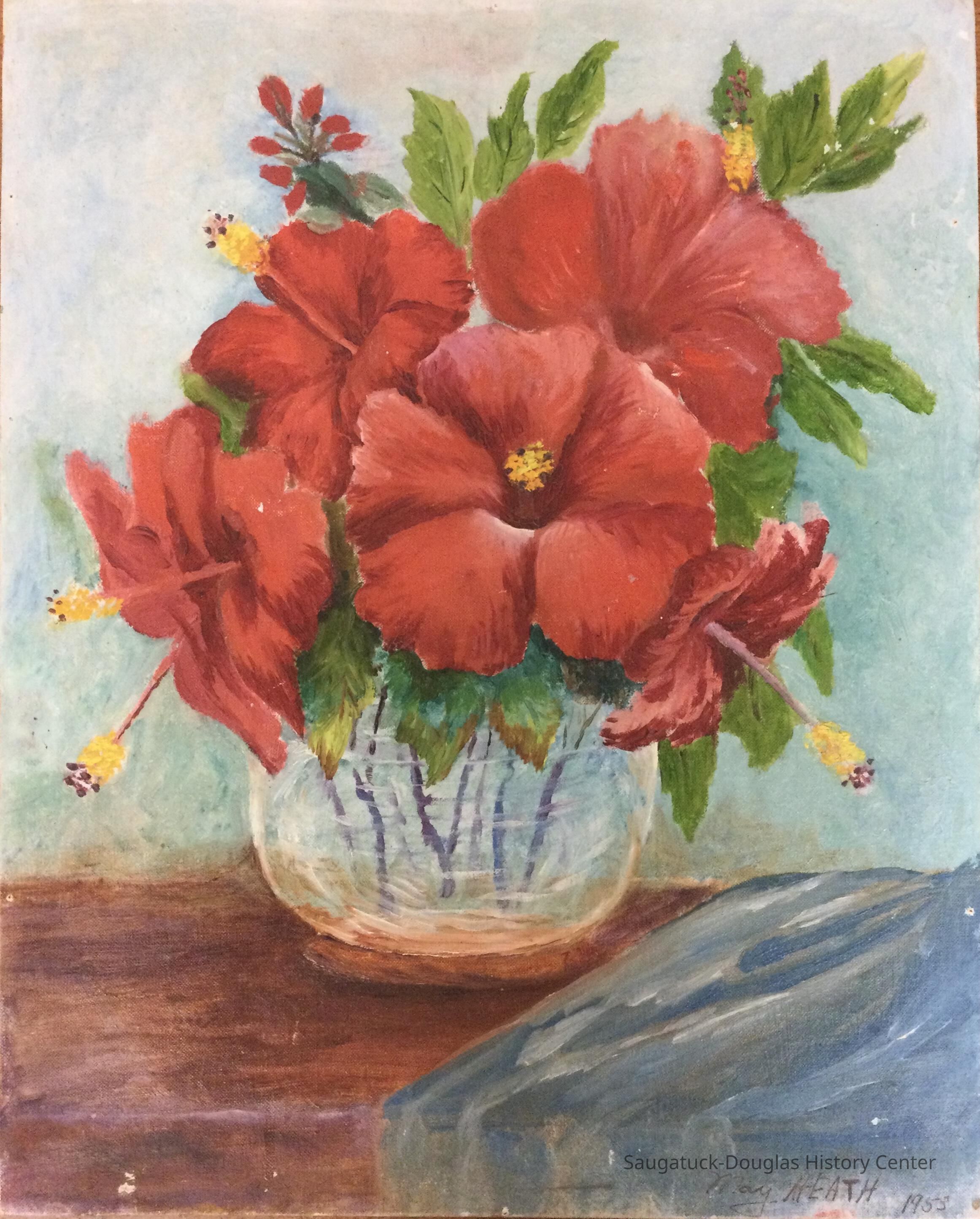 Oil painting of red hibiscus flowers