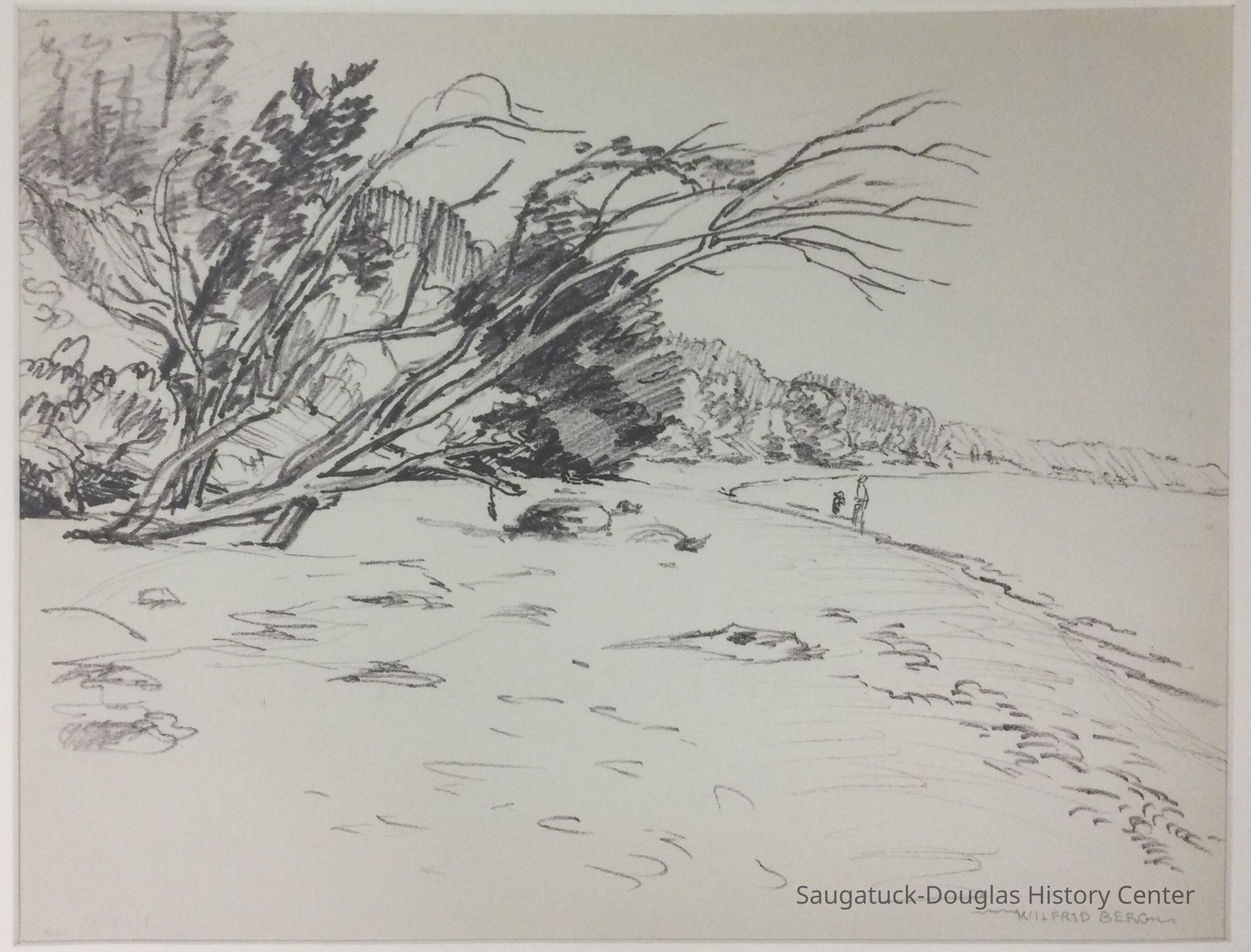          Drawing of a Lake Michigan beach scene
   