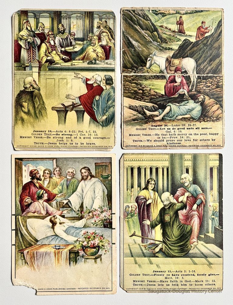          Four David C. Cook Bible Lesson Picture Cards, front
   
