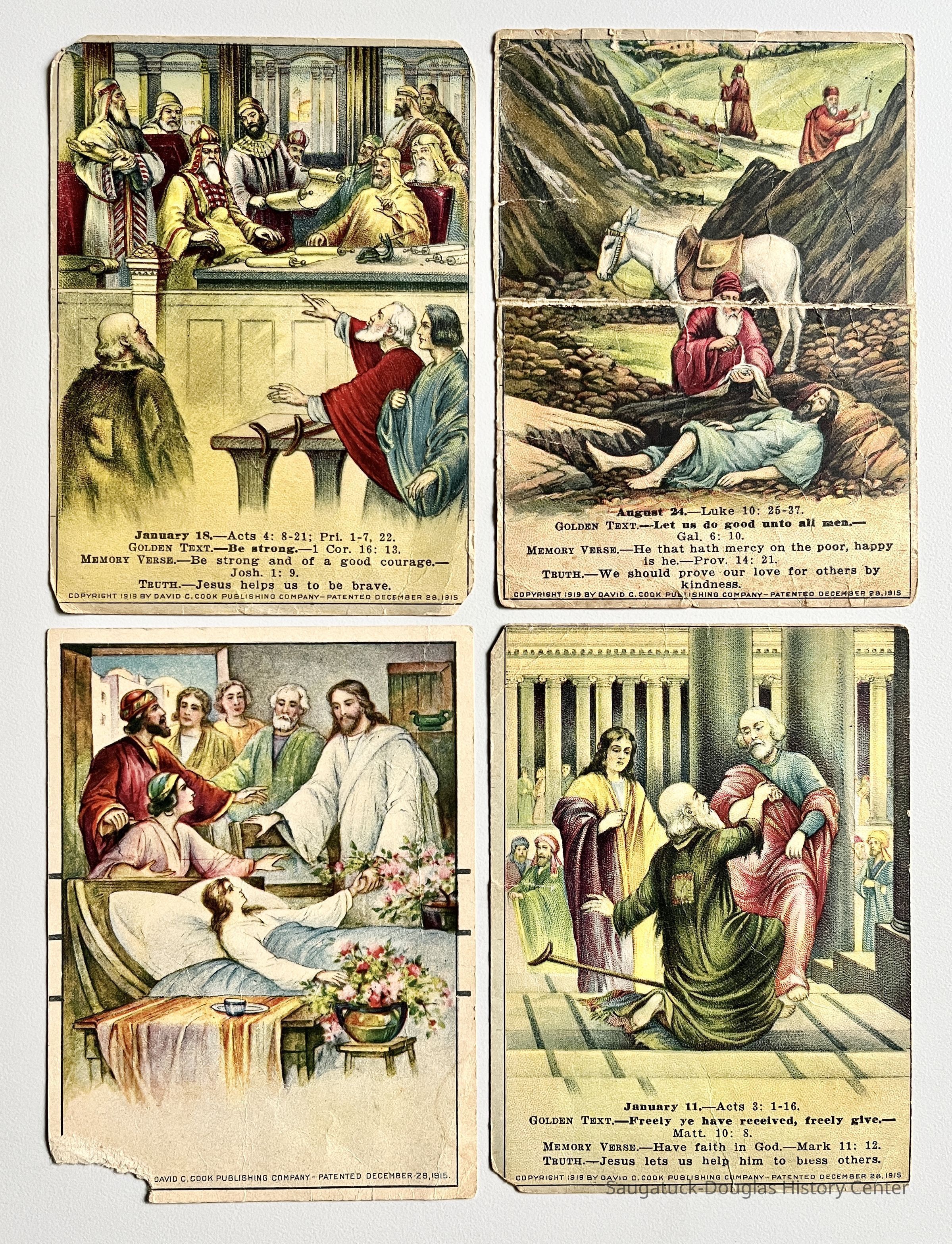          Four David C. Cook Bible Lesson Picture Cards, front
   