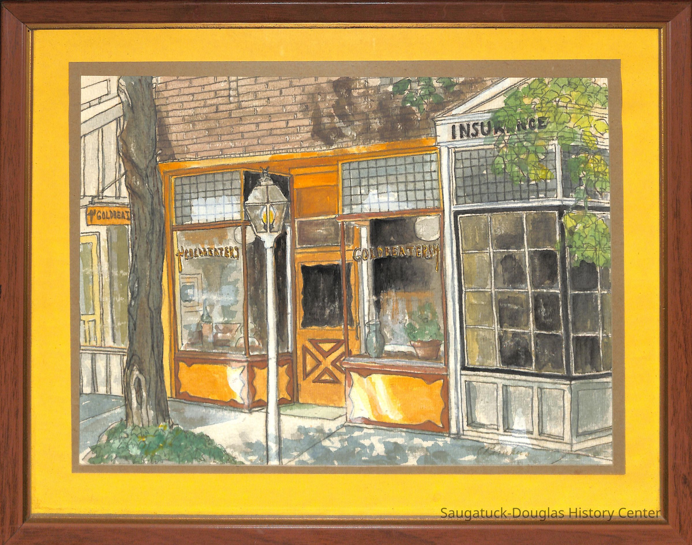 Watercolor of some storefronts in Saugatuck