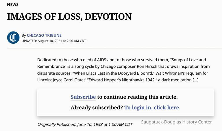 Dedicated to those who died of AIDS and to those who survived them, “Songs of Love and Remembrance” is a song cycle by Chicago composer Ron Hirsch that draws inspiration from disparate sources: “When Lilacs Last in the Dooryard Bloom’d,” Walt Whitman’s requiem for Lincoln; Joyce Carol Oates’ “Edward Hopper’s Nighthawks 1942,” a dark meditation […]