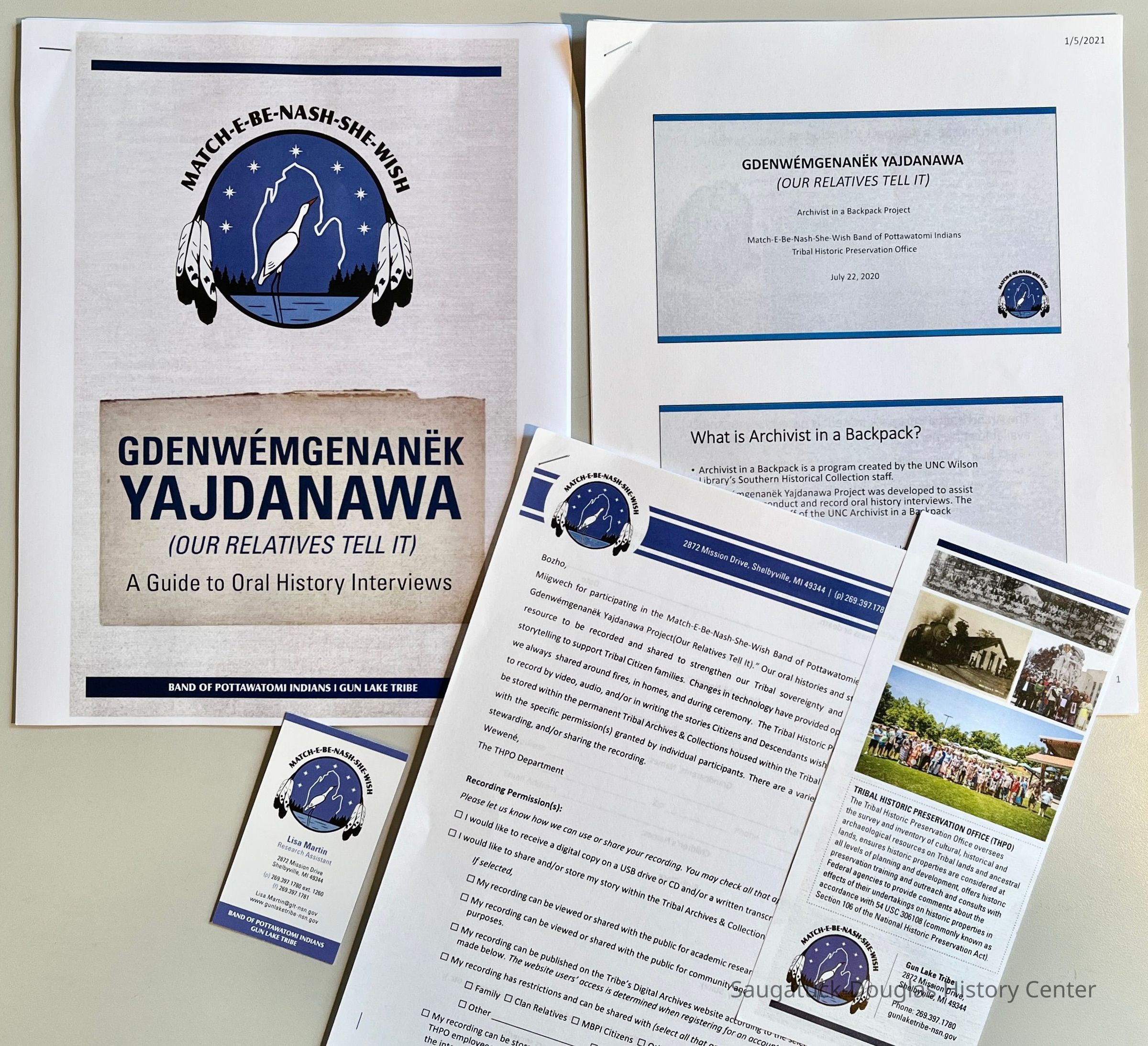 Oral interview instructions, program presentation, Lisa Martin business card, release form and THPO information