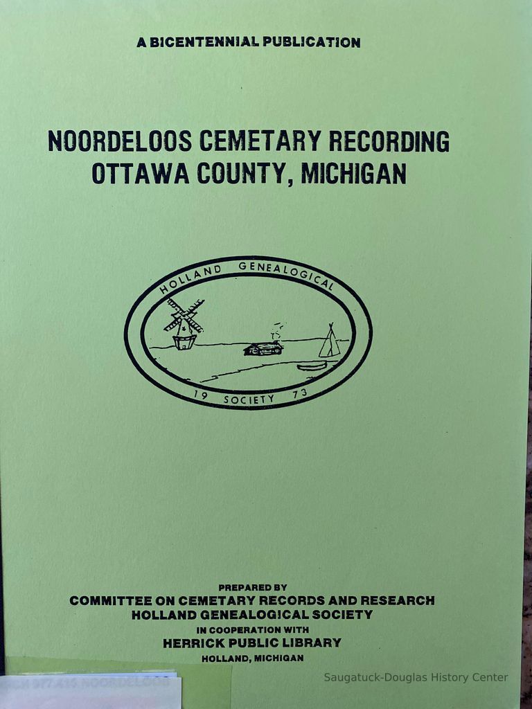          Noordeloos cemetery recording / [prepared by Committee on Cemetary [sic] Records and Research, Holland Genealogical Society in cooperation with Herrick Public Library] ; tombstone recording by Marian Merrill Dawson [and others] ; burial research by Irene Vander Meulen Reidsma ; map work and research by Beulah Peck Plakke, Irene Vander Meulen Reidsma, Adrian Trimpe ; edited by Adrian Trimpe.
   