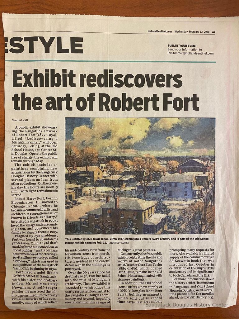          Exhibit rediscovers the art of Robert Fort;  Newspaper article Holland Sentinel 2-12-2020
   