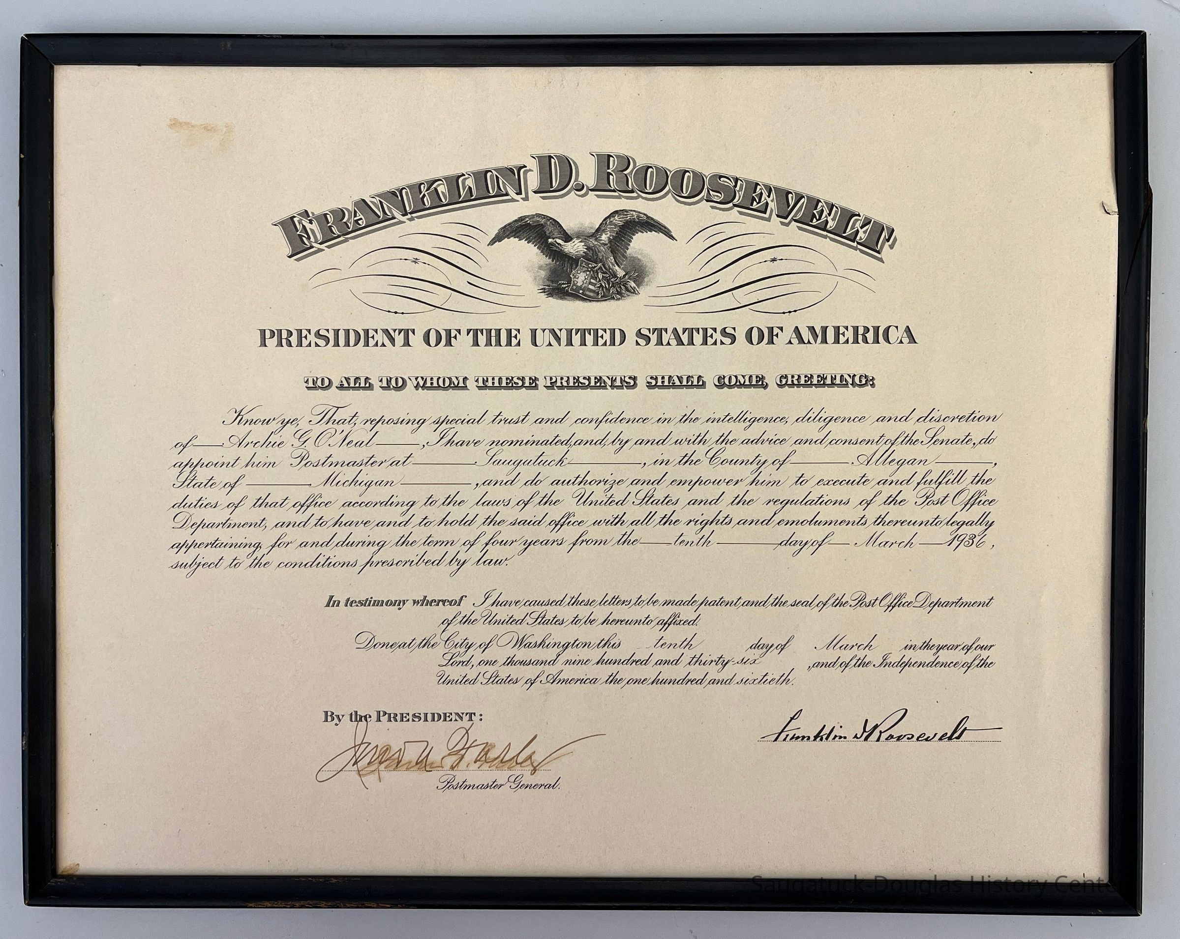 Archie G. O'Neal Postmaster Certificate picture number 1